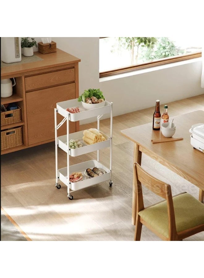 NAMA White 3 Tier Foldable Storage Trolley Cart | Foldable Rolling Carts | Trolley with Locking Wheels - Image 4